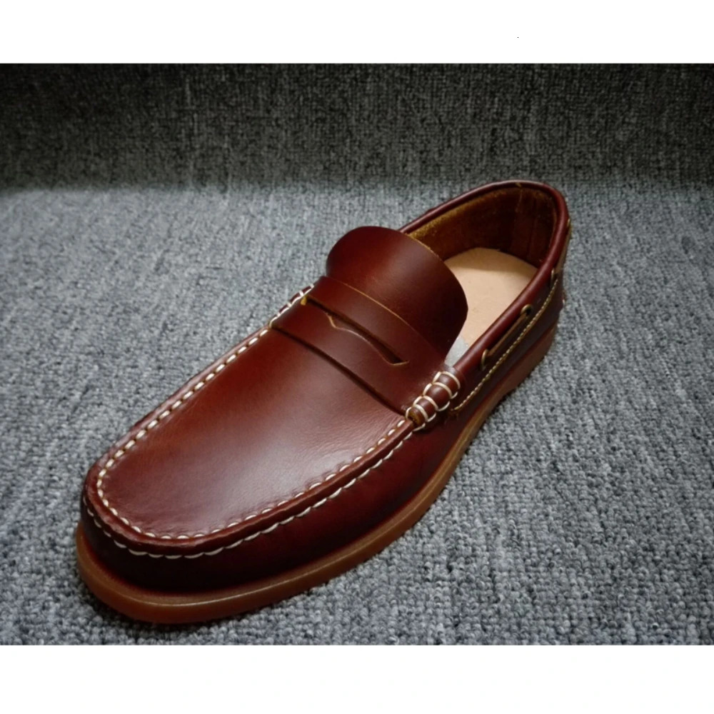 Leather Fashion loafers Genuine Mens Retro Low-top British Work Casual Breathable Boat Shoes Driving Wine red Handmade