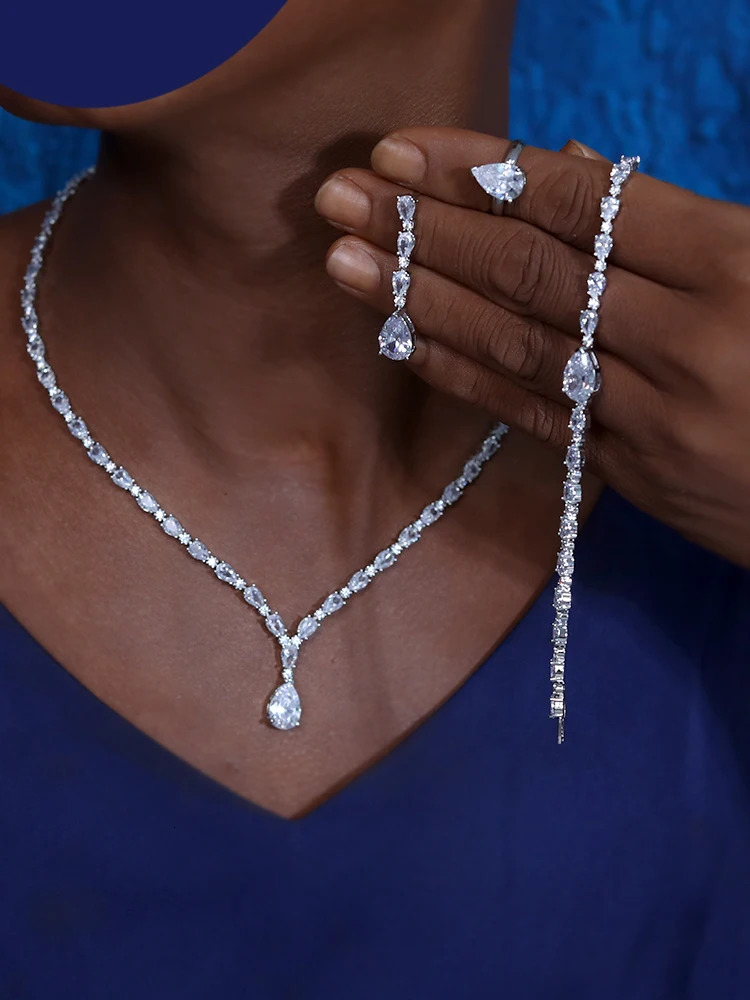 ASNORA High Quality Cubic Zirconia Bridal Wedding Jewelry Water Drop Necklace Lady Pendant Four Piece Set Party Accessories 240627