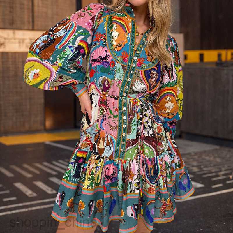 Basic Casual Dresses Women Summer Women's Long sleeved Printed Ruffle Edge Colored Loose Short Dresses for Women