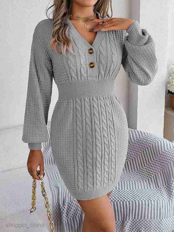 Women Casual Dresses fashion dress Autumn and winter button V-neck Fried Dough Twists lantern sleeve buttocks wool dress for women