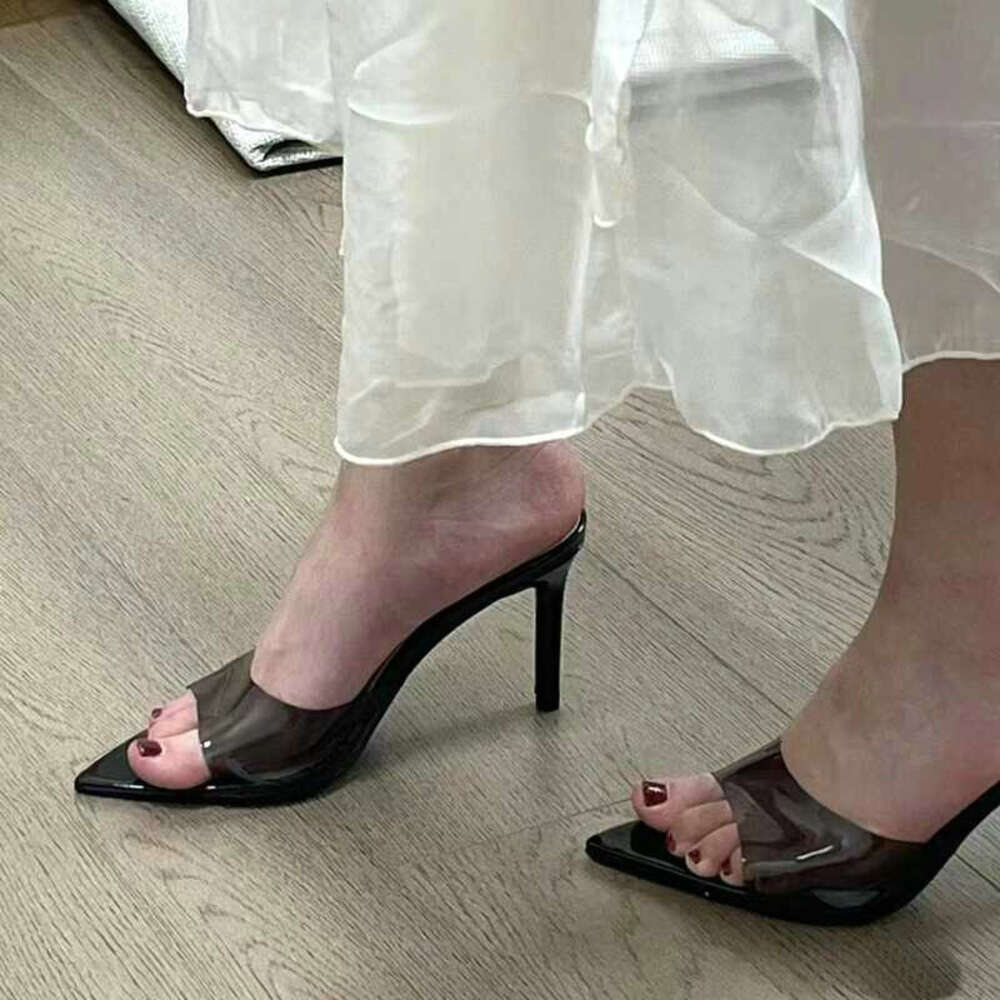 New Transparent One-Line Hgh Heels For Women Pointed Open Toe Sexy PVC Slippers Kq8