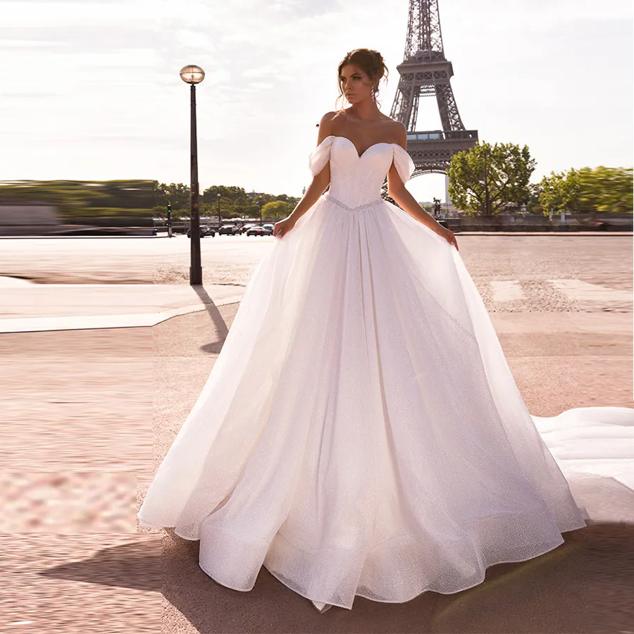 Blingbling Off the Shoulder Beading Crystal Sashes A-line Wedding Dress Court Train Bridal Gown Vestido de Noiva 2024 Robe Mariage