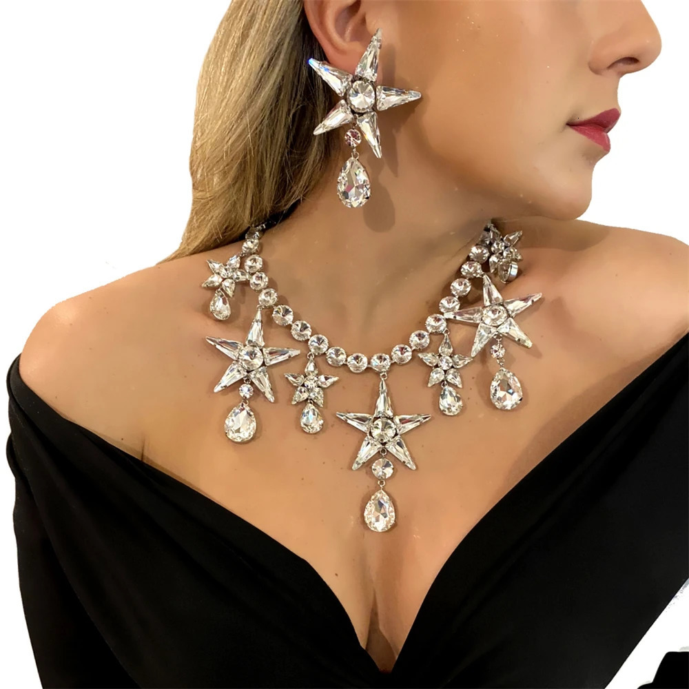 2pc Five pointed Star Crystal Necklace Earrings Pendant Fashion Wedding Party Rhinestone Bridal Accessories Set Jewelry 240627