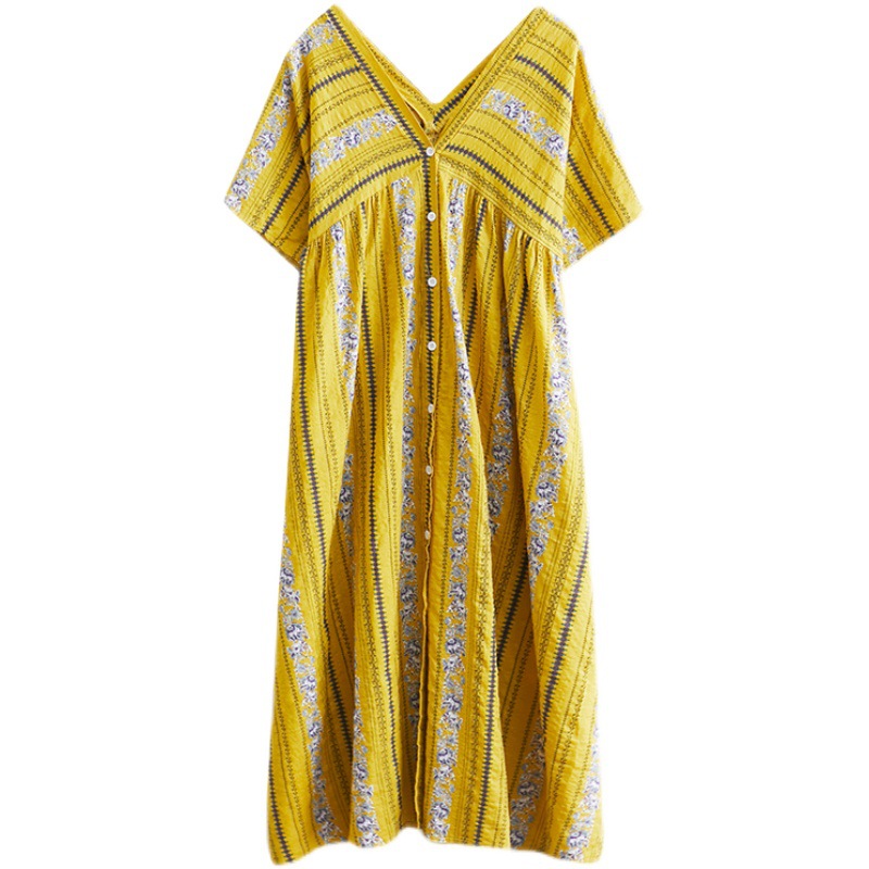 Summer oversized women's printed retro knee length dress with artistic loose V-neck dress