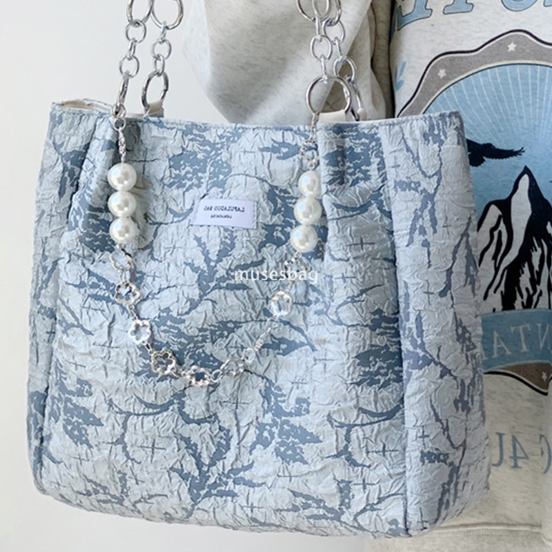 Street trend niche design soft leather sea salt blue jacquard canvas tote bag new western-style large capacity niche one shoulder bag for women