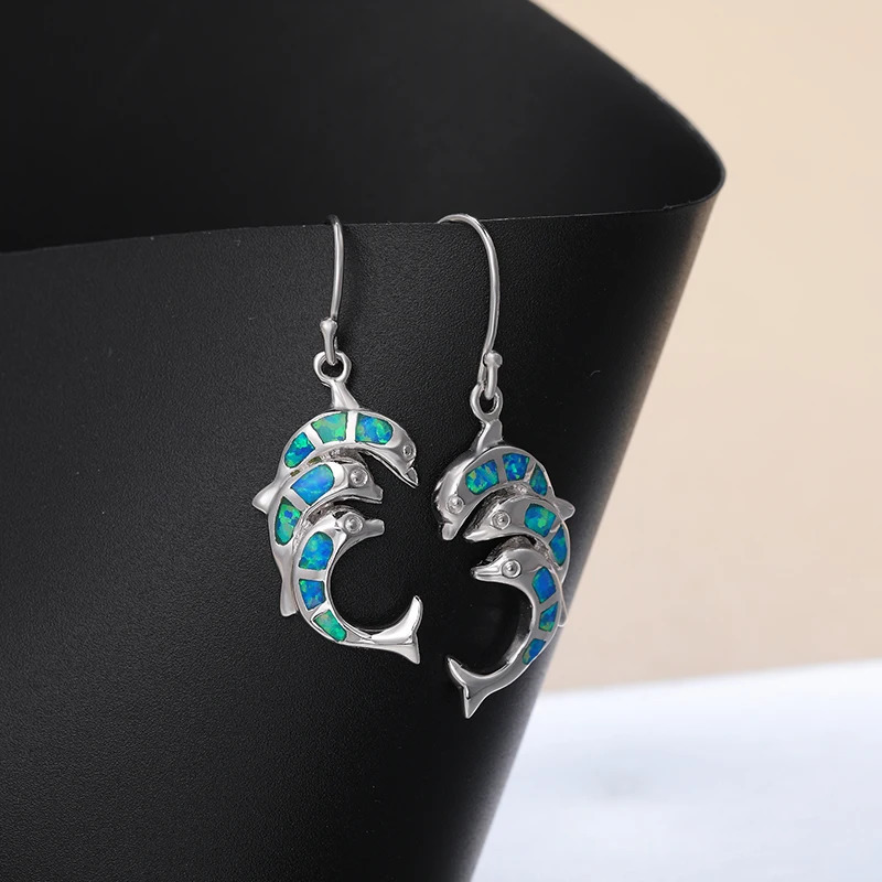 MYOP Real 925 Sterling Silver Female Cute Dolphin Drop Earrings Blue Fire Opal Stone Animal Earrings Charm Earrings For Women 240627