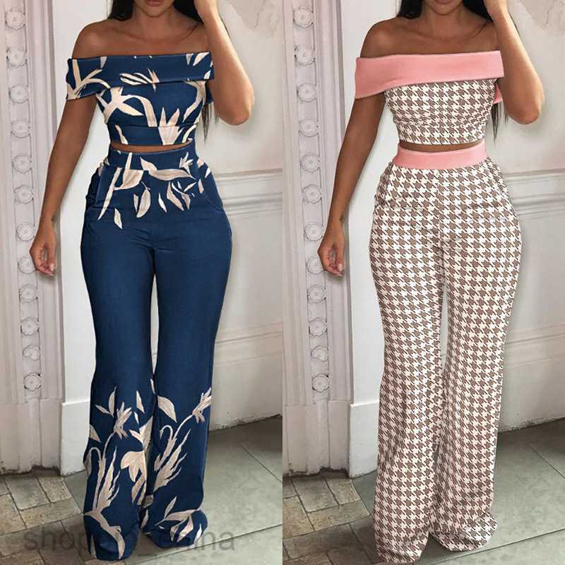 Women Two Piece Sets Pants Summer New Women's Wear Temperament Printed One Shoulder Top and Pants Loose Set 661
