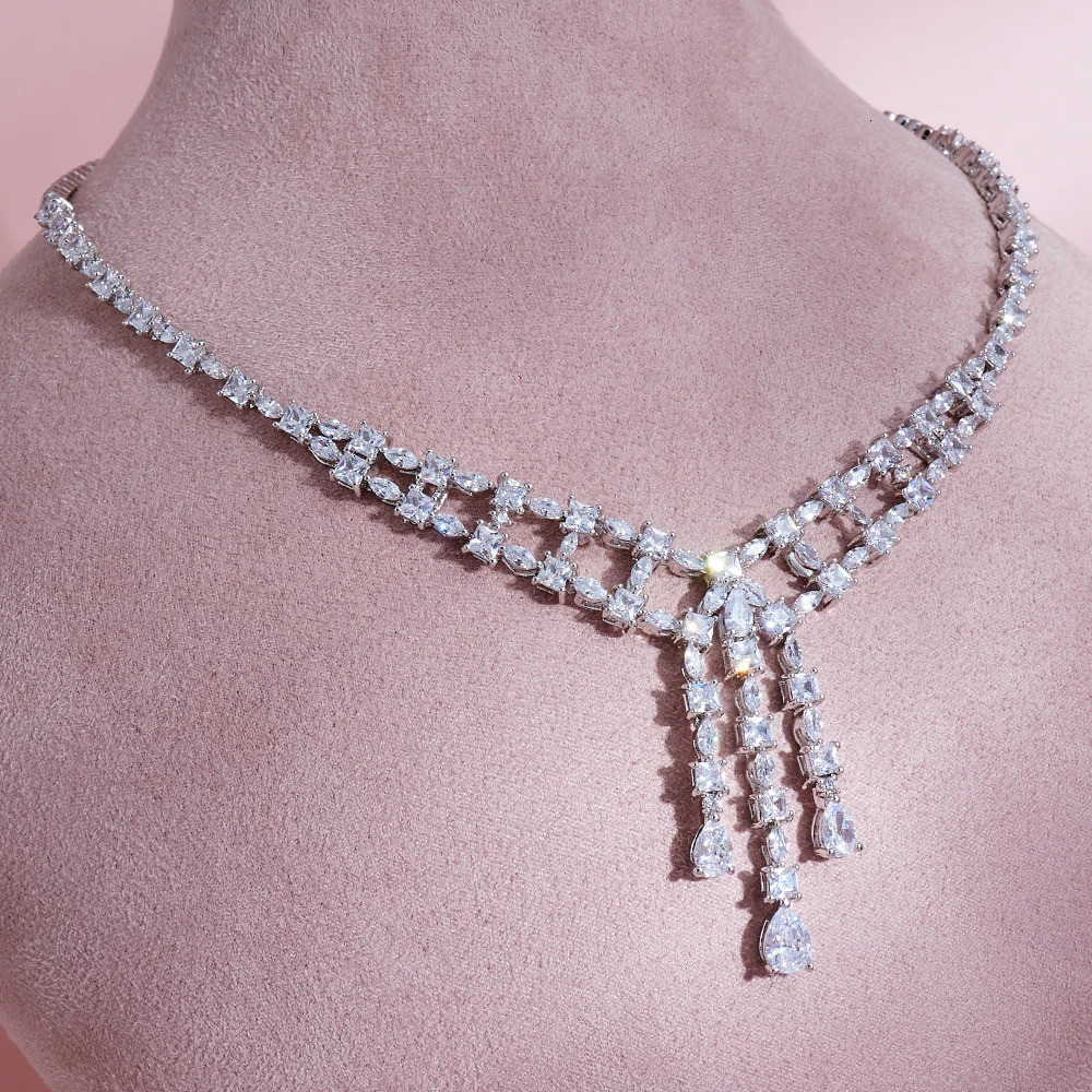 INJEWELIFE Tassel Pendant Necklace and Earrings For Womens Trendy Cubic Zirconia Jewelry Set Dubai Saudi Party Bridal Jewellery 240627