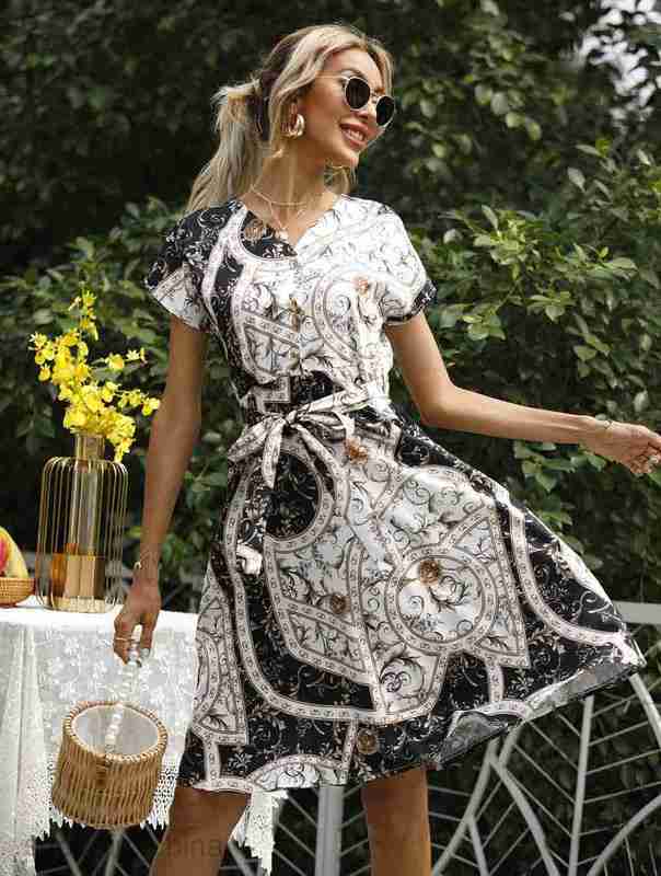 Basic Casual Dresses Women Dress Women's Summer Print Lace Up Waist Short Sleeve Dress