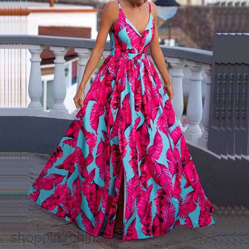 Basic Casual Dresses Women Summer printed waist tied skirt for women's clothing V-neck low cut party hem dress 661