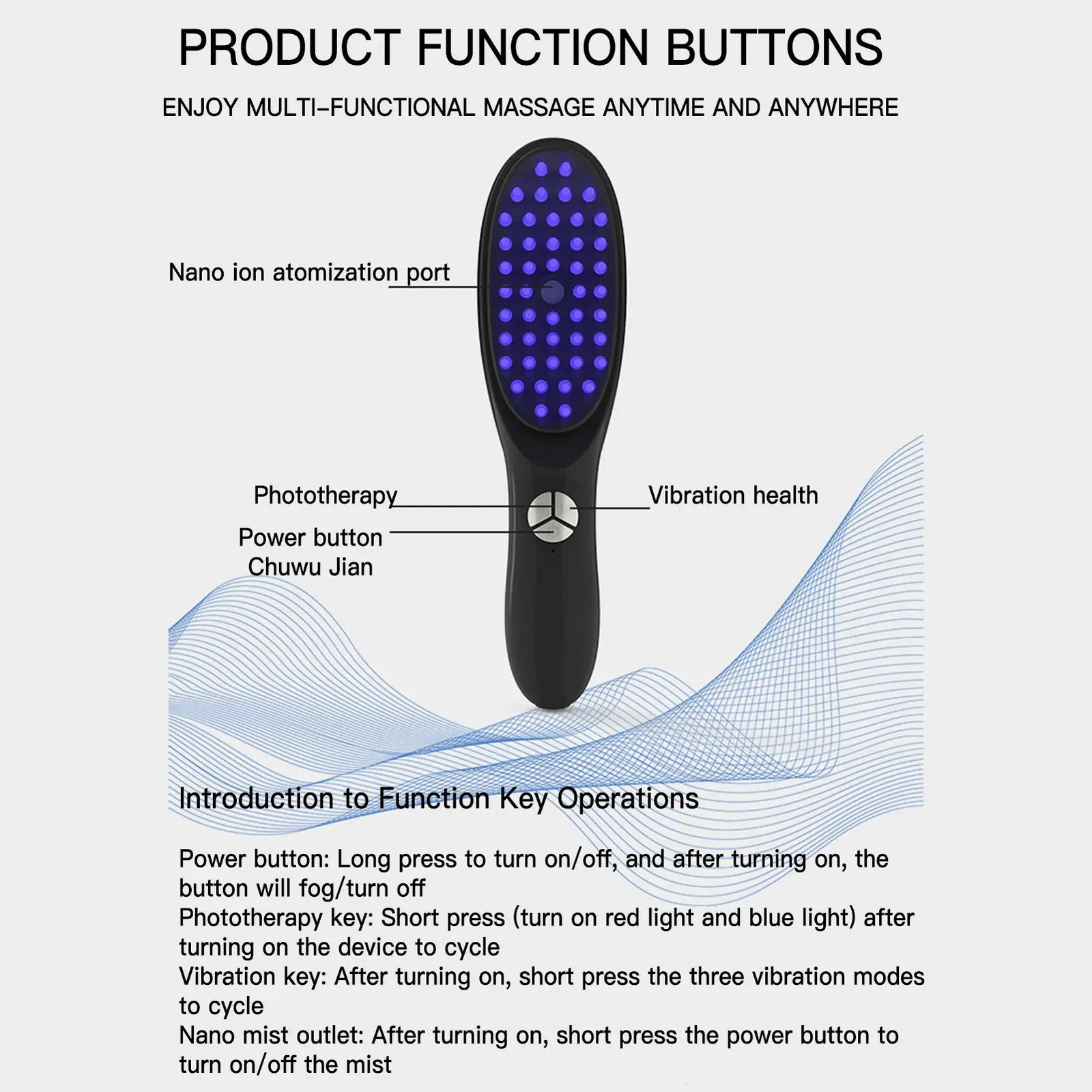 Electric Massage Comb Blue Red Light Vibration Head Massager Comb Oil Nano Sprayer Nourish Scalp Brush 240626