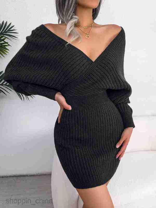 Women Casual Dresses fashion dress Autumn/Winter Sexy Cross V-Neck Bat Skirt Wrapped Hip Dress Woolen Dress Women's Wear