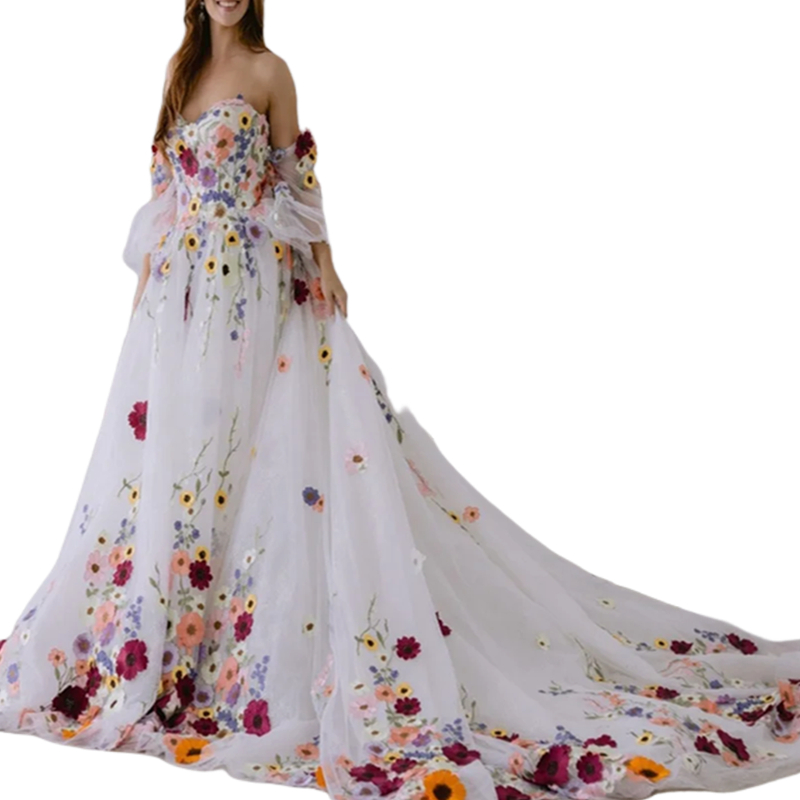 sy Colorful wer Wedding Dresses Boho Fairytale A e 3D ral Appliques Rustic Country Bridal Gowns Detachable Sleeves Ivory Tulle Bride Dress