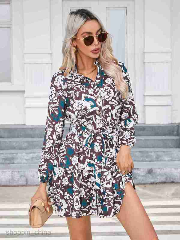 Basic Casual Dresses Women Dress Women's Autumn/Winter Printed Button Long sleeved Dress