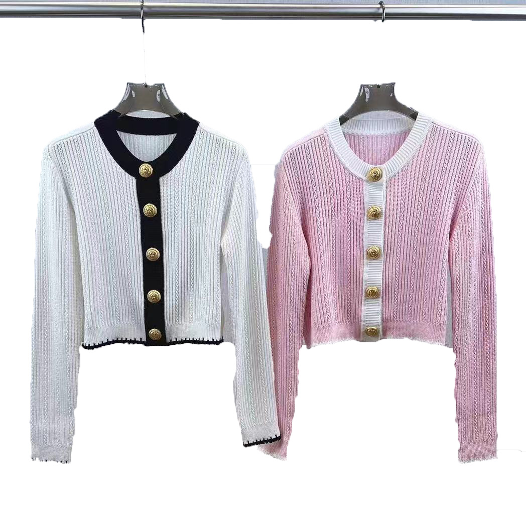 Bajia 2024 spring and autumn new style casual pink color matching knitted cardigan womens niche fashion slim round neck top jacket