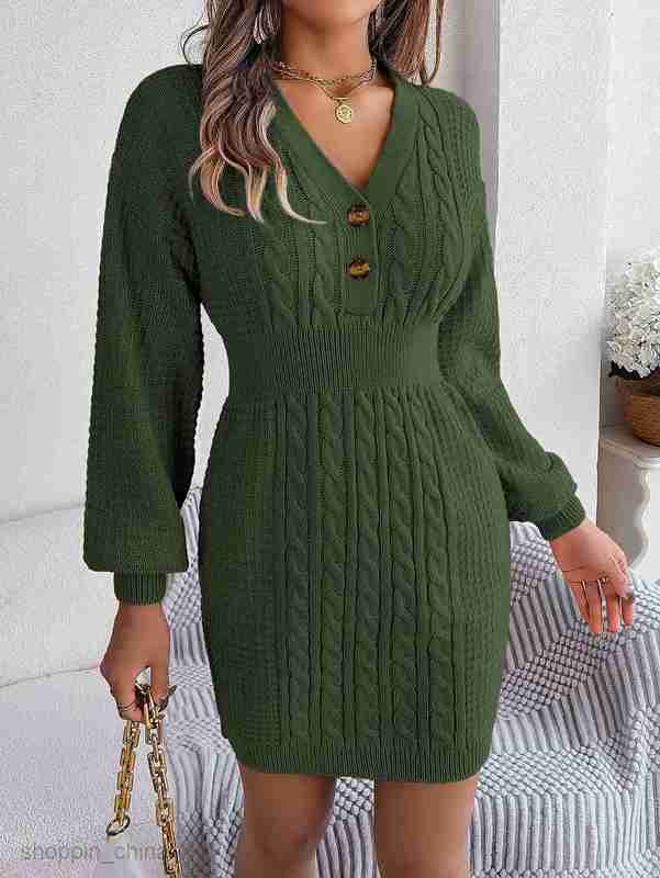 Women Casual Dresses fashion dress Autumn and winter button V-neck Fried Dough Twists lantern sleeve buttocks wool dress for women