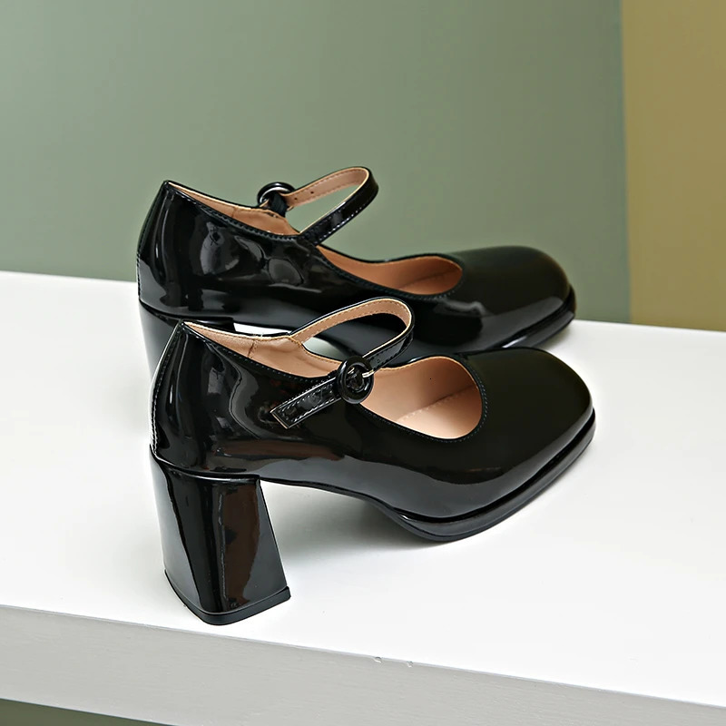 red Thick Heels Mary Jane Shoes Women Buckle Strap Square Toe Pumps Woman Med Heele pu Leather Shoes Female 240627
