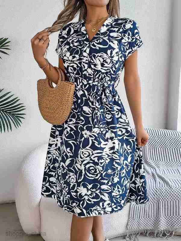 Women Casual Dresses fashion dress Spring/Summer Leisure V-neck Button Bat Sleeve Flower Flare Dress for Women