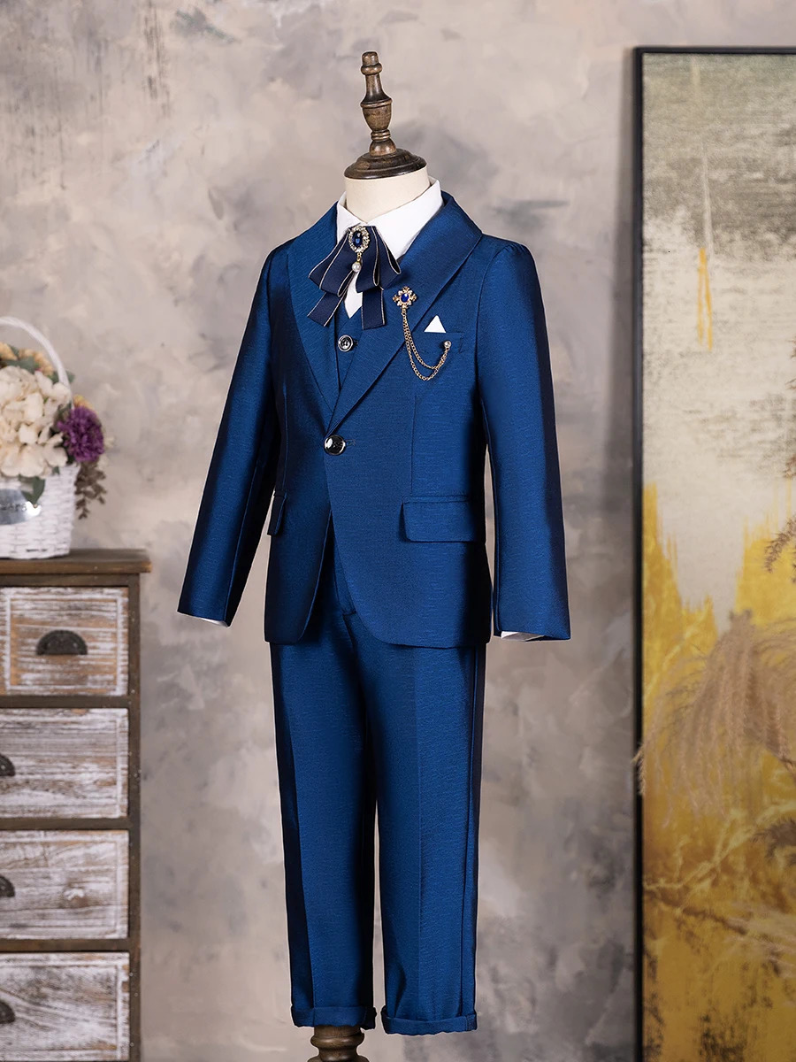 Children Shiny Blue Suit For Wedding Boys Formal Ceremony Tuxedo Dress Teenager Kids Pograph Blazer Party Performance Costume 240626