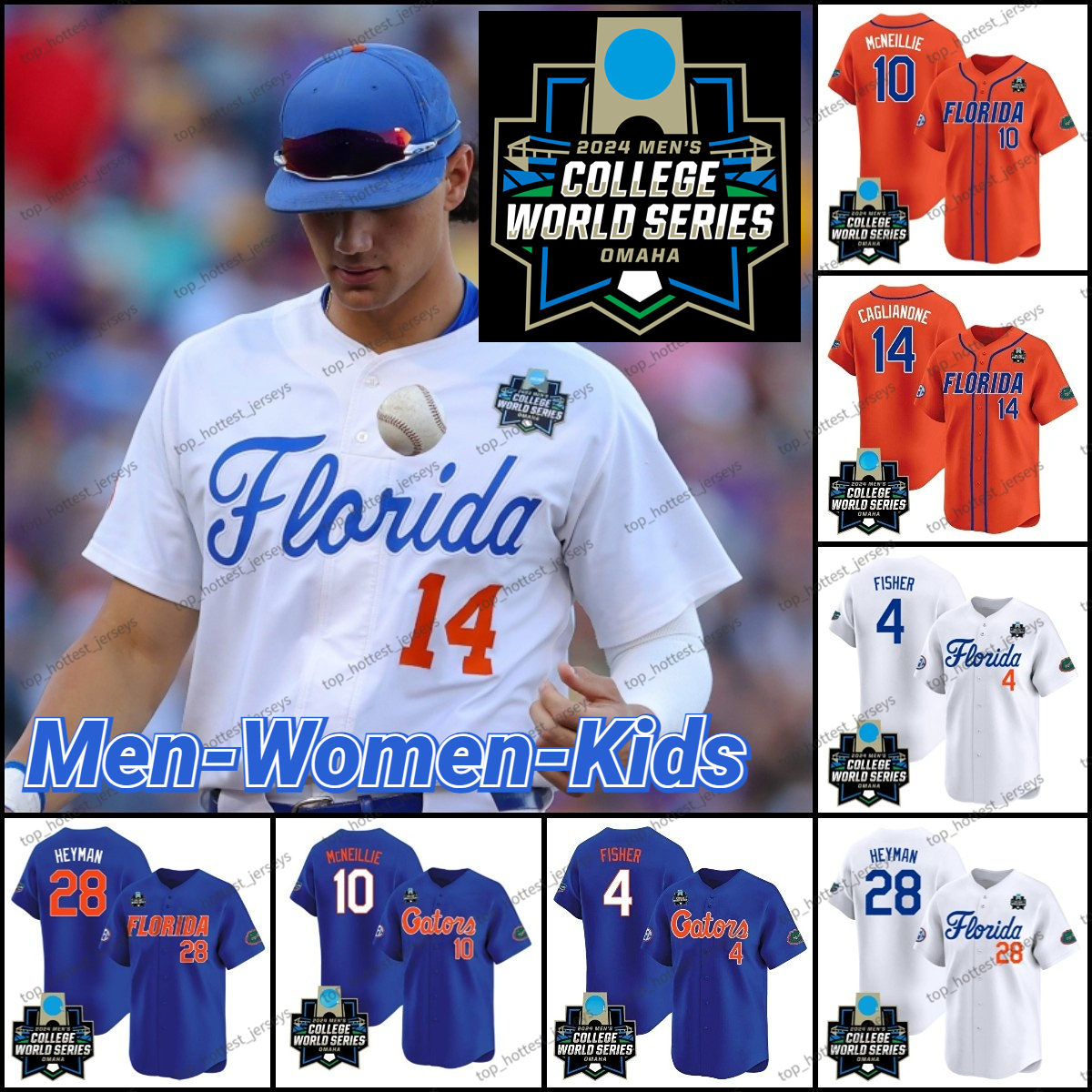 Florida Gators 2024 College World Series Baseball Jerseys Cade Kurland 4 Jac Caglianone BT Riopelle Luke Heyman Wyatt Langford Luke Mcneillie Women Kids Men Custom