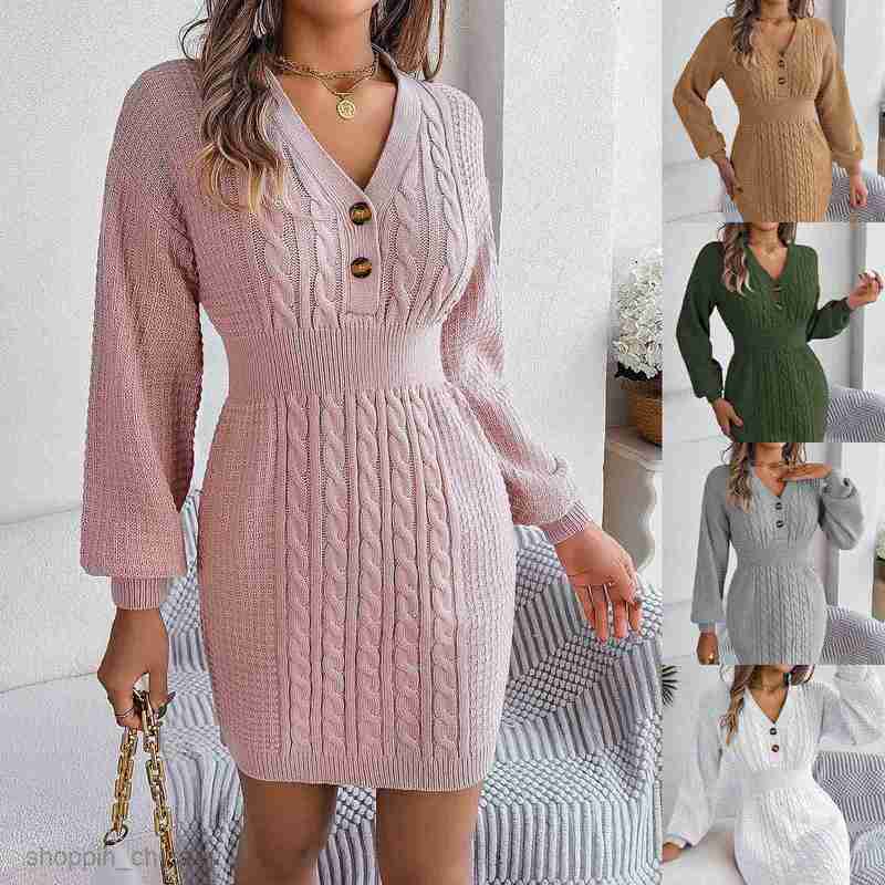 Women Casual Dresses fashion dress Autumn and winter button V-neck Fried Dough Twists lantern sleeve buttocks wool dress for women