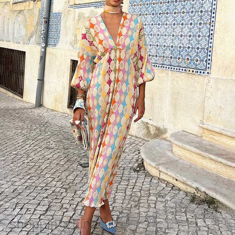 Basic Casual Dresses Women fashion Dress Summer Women's Elegant and Elegant Printed V-neck Lantern Sleeves Long Dresses for Women