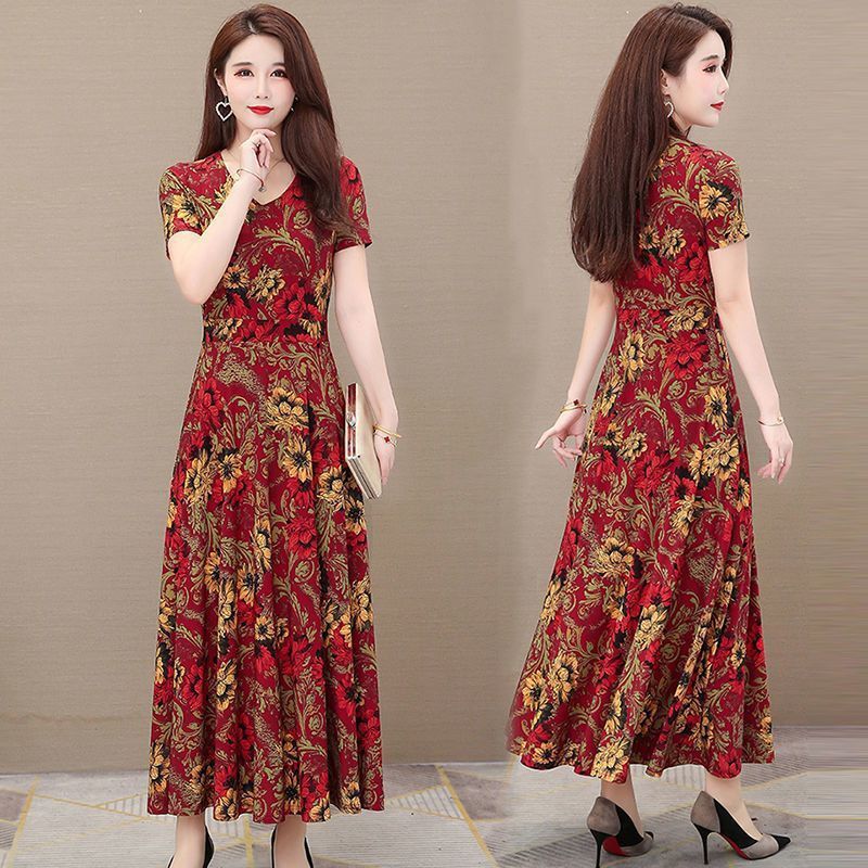 loose and elegant dress for women's new style for mothers, slim decoration, printed long skirt