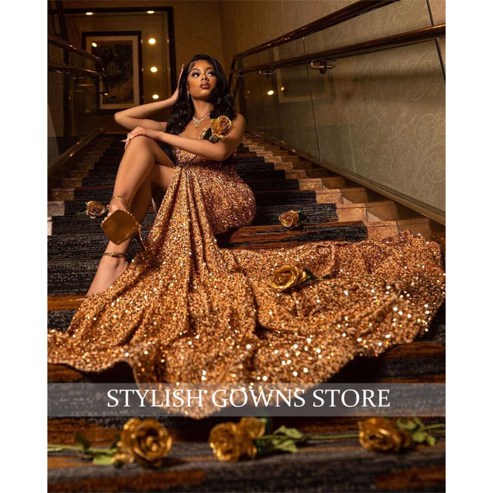 Sheer Champagne O Neck Long Prom Dress For Black Girls Sparkly Birthday Party Dresses High Slit Evening Gowns Mermaid Robe es