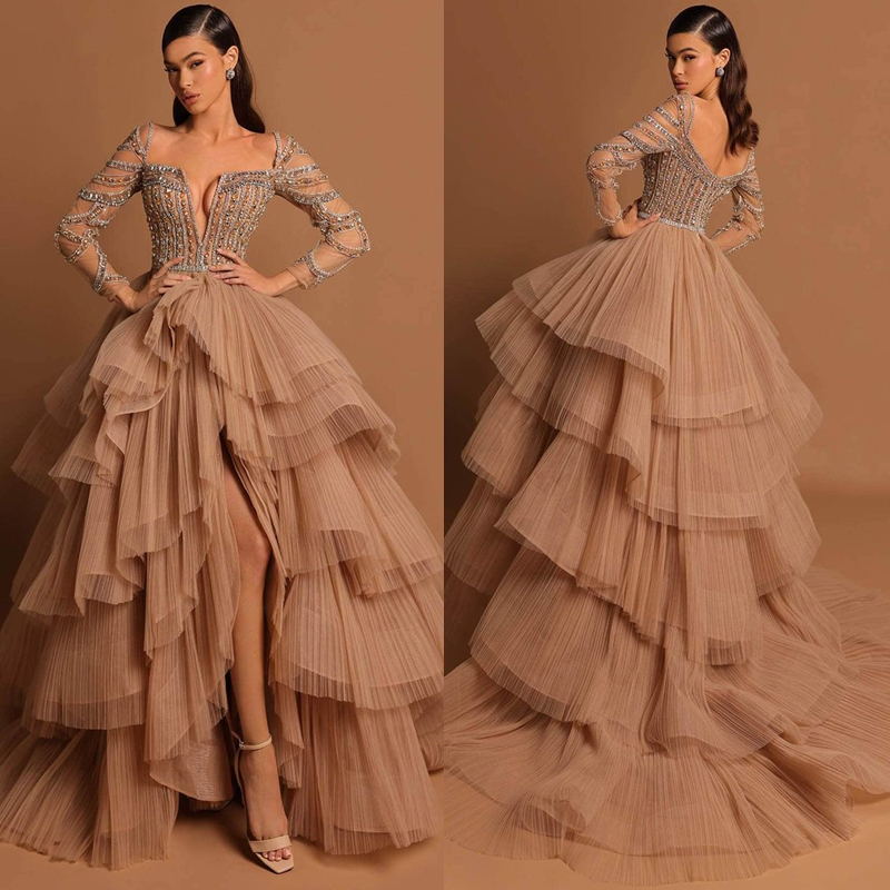 Luxurious Long Sleeves Beaded High Low Prom Dresses Pleats Tulle A-Line Pluffy Evening Formal Gowns Sheer V-Neck Tiered Birthday Party Special Occasio