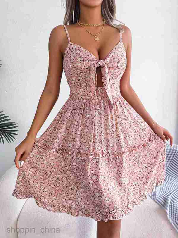 Women Casual Dresses fashion dress Spring and summer broken flower bow V-neck wood ear big swing Dress Holiday suspender skirt women's dress