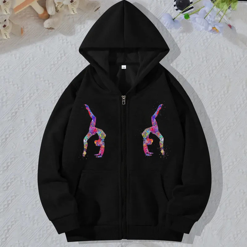 Black Zip Up Hoodie Long Sleeve Korean Hooded Sweatshirt for Women Watercolor Gymnastics Print Harajuku Sudaderas Mujer 240627