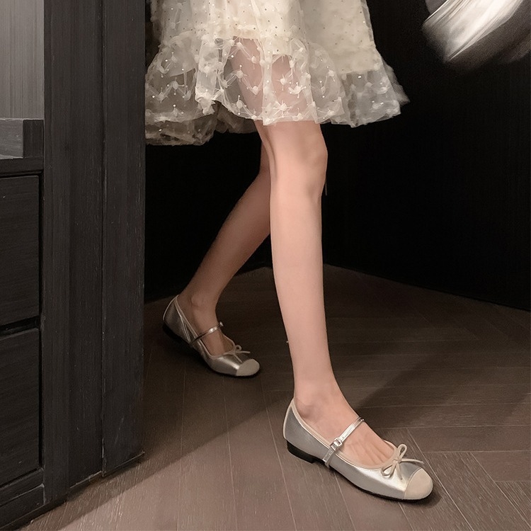 Straight with little red shoes bow shallow single shoes women's spring 2024 new flat Mary Jane ballet shoes
