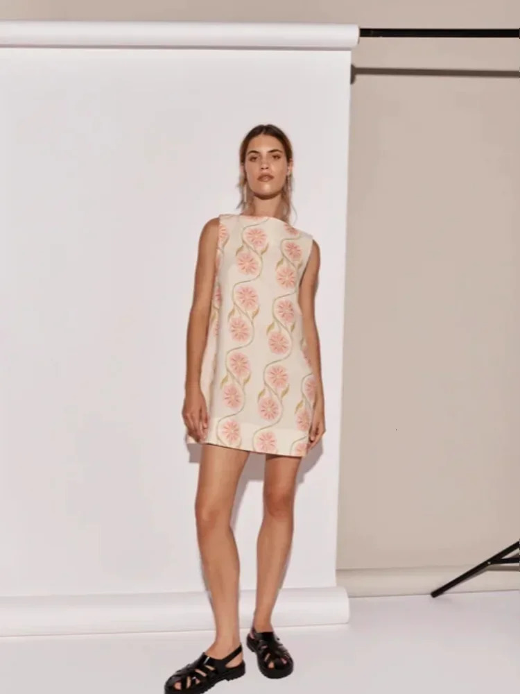 Elegant Flower Print Linen Split Mini Dress Women Fashion O Neck Sleeveless Short Dresses Summer Lady Holiday Robes 240627