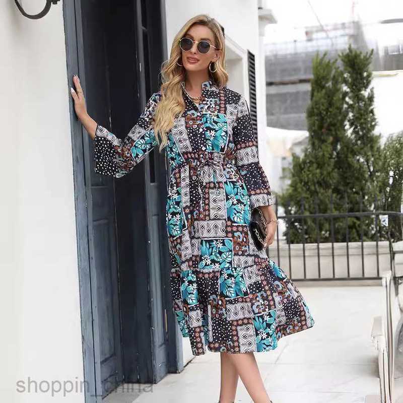 Basic Casual Dresses Women Dress Women's autumn and winter print lace up medium length long-sleeved dress