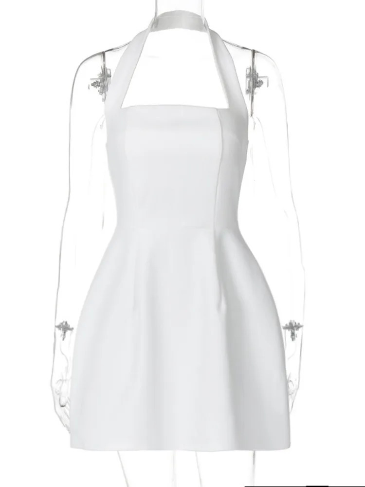 Mozision Halter Square Collar Backless Mini Dress For Women Fashion Solid Sleeveless A-line Loose Club Party Sexy Dress Elegant 240627