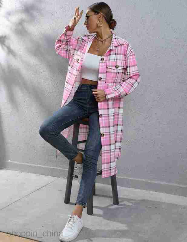 fashion Women Jackets Coats Women's autumn and winter checkered single breasted long windbreaker jacket