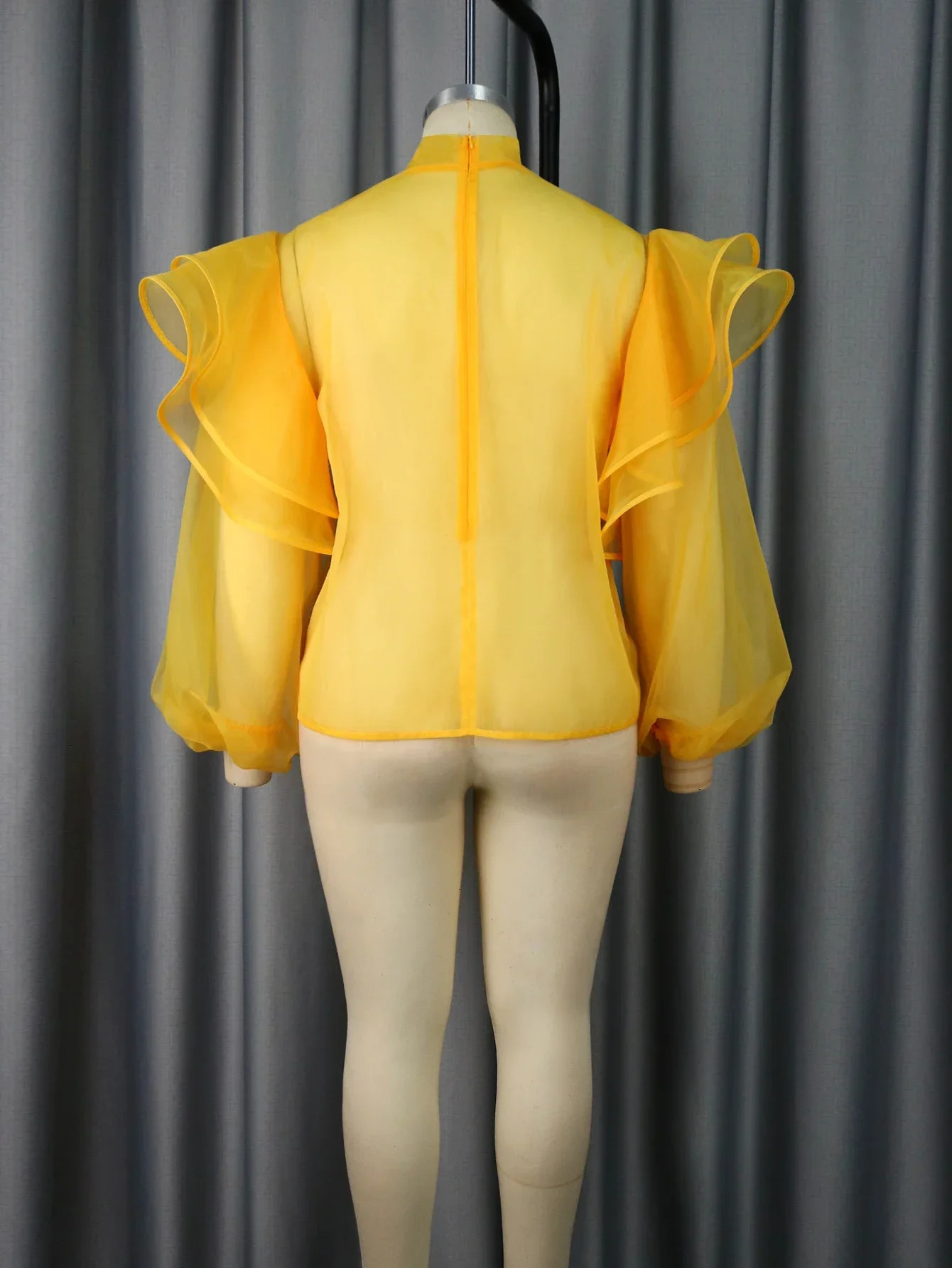 Trendy Yellow Blouse For Women Sheer Tulle Top See Through Bowtie Ruffles Trim Shirt Fashion Office Work Club Plus Size 4XL 240617