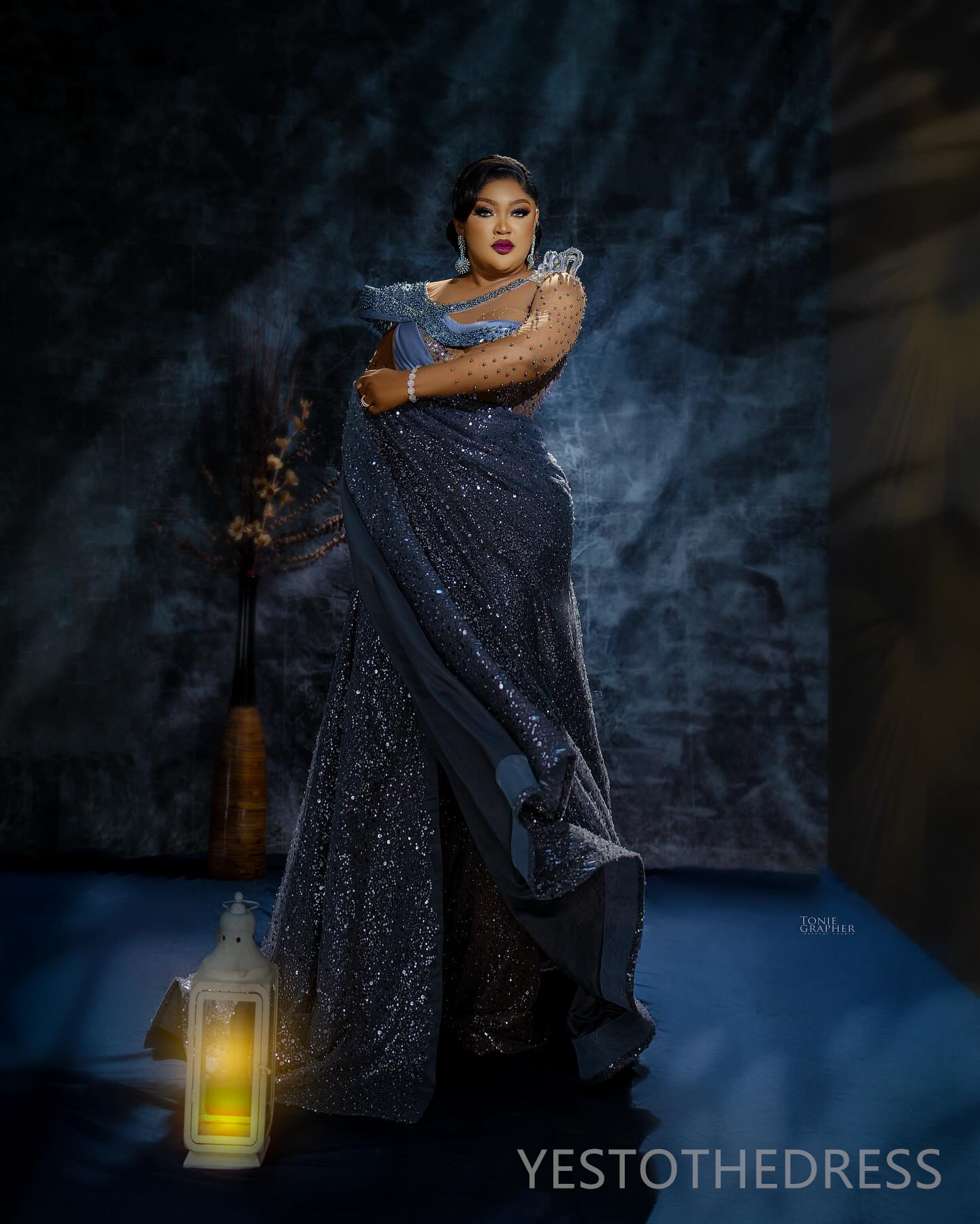 R&W 2024 Plus Size Blue Prom Dress With Detachable Train Mermaid Promdress Evening Formal Long Sleeves Sheer Neck Sequined Lace Beading Reception Gown