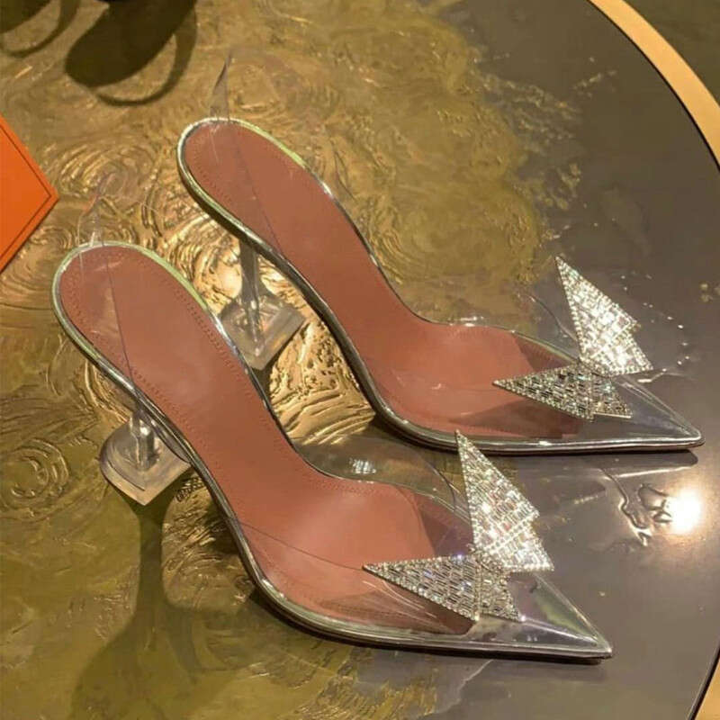 2024 Crystal High Heels Women Rhinestone Bow Pointed Toe Transparent Stiletto Sandals Kq8