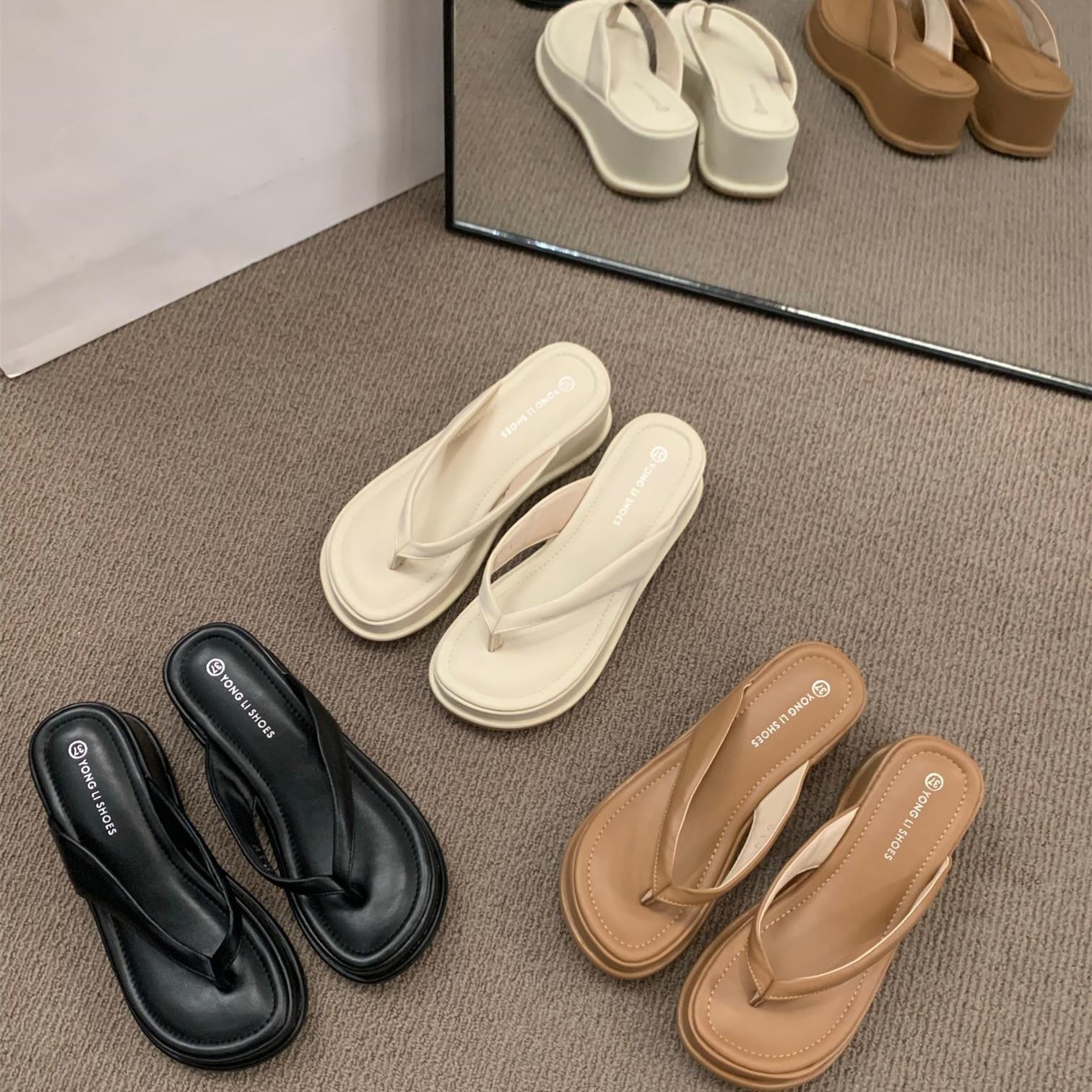 Thick-soled clip-on flip-flops women's shoes wear 2023 summer wedge toe clip with beach skirt sandals Black