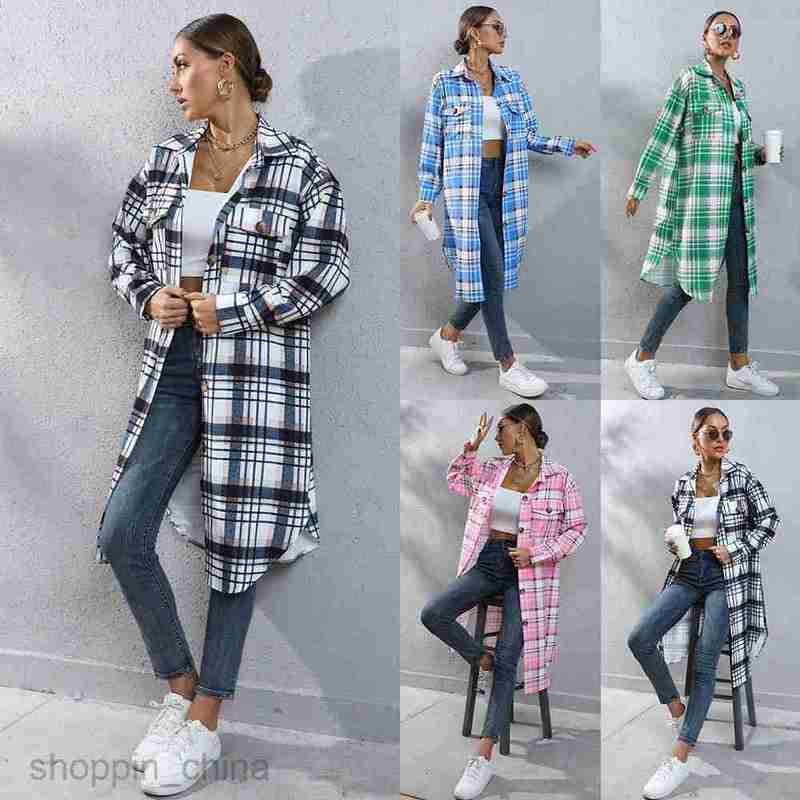 fashion Women Jackets Coats Women's autumn and winter checkered single breasted long windbreaker jacket