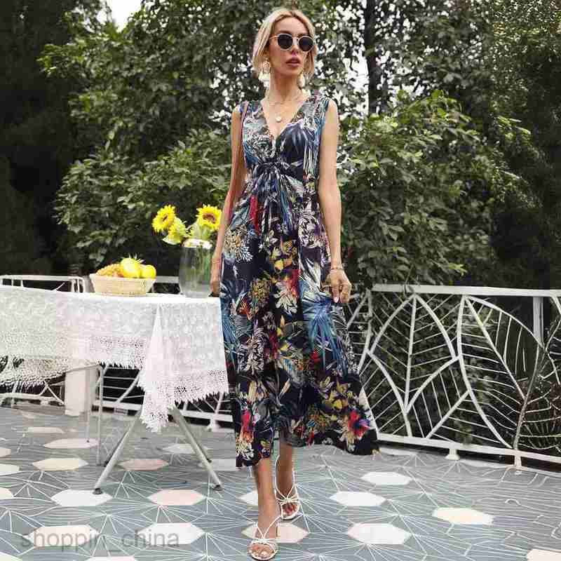 Basic Casual Dresses Women Dress Women's summer new print sexy V-neck sleeveless dress