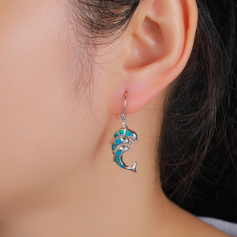 MYOP Real 925 Sterling Silver Female Cute Dolphin Drop Earrings Blue Fire Opal Stone Animal Earrings Charm Earrings For Women 240627