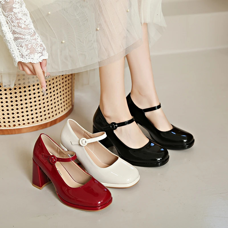 red Thick Heels Mary Jane Shoes Women Buckle Strap Square Toe Pumps Woman Med Heele pu Leather Shoes Female 240627