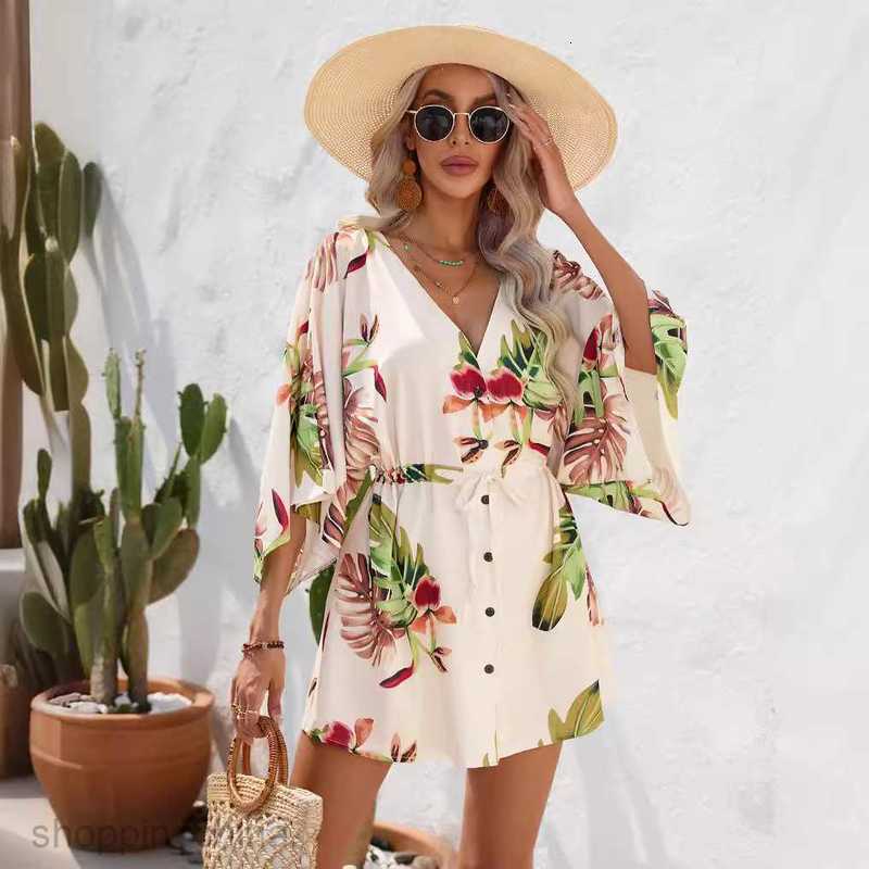 Basic Casual Dresses Women Dress Women's Summer Leaf Print 3/4 Sleeve Dress