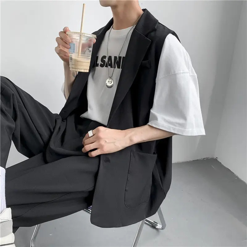 Spring Suit Vest Mens Fashion Gray Black Dress Jacket Men Suit Jacket Korean Loose Business Society Mens Blazer Vest M-2XL 240615