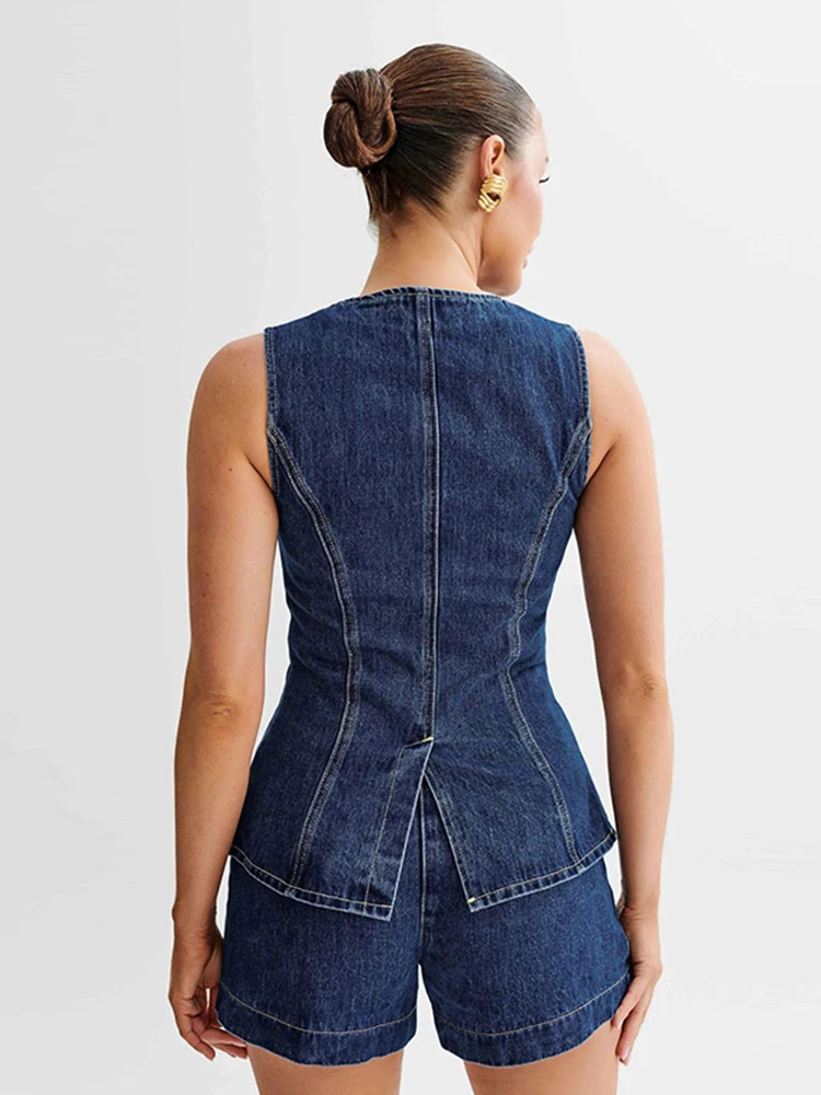Denim 2 Pieces Sets Women Fashion Slim Oneck Sleeveless Single Breasted Vest Wide Leg Shorts Summer Y2K Lady Outfit 240618
