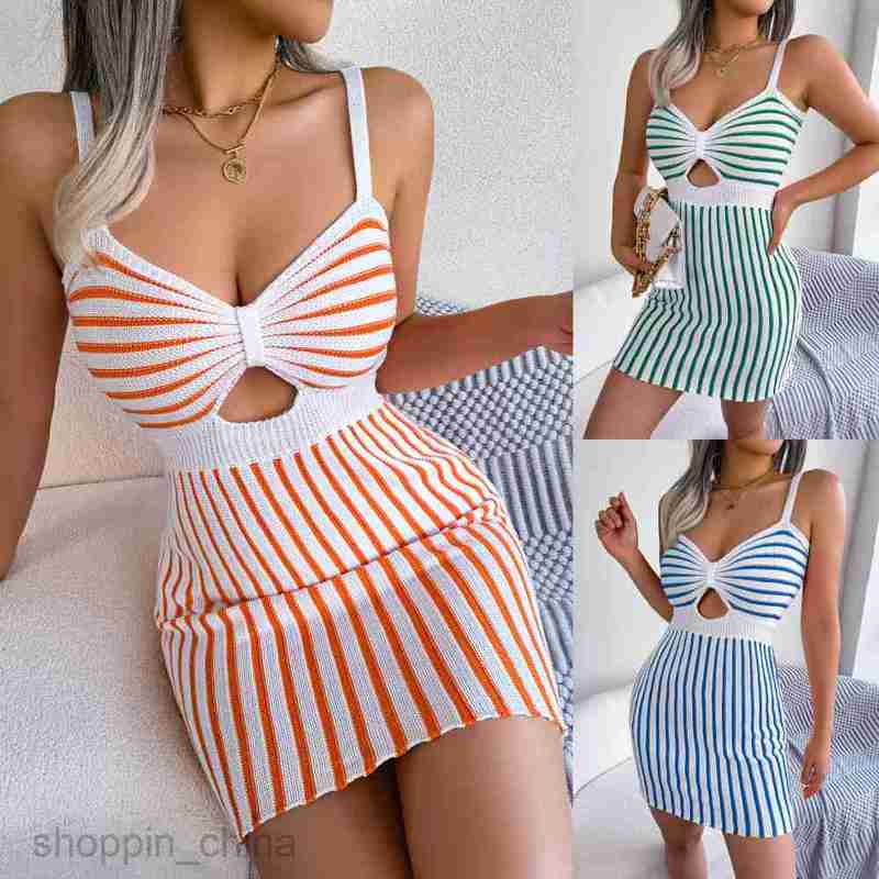 Women Casual Dresses fashion dress Style Spring Summer Sexy Contrast Stripe High Waist Knitted Strap Wrapped Hip Skirt Women's Dress