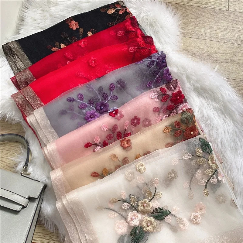 Embroidered Scarf ~ Begonia Embroidery Beads Silk Wool Scarf Womens Spring and Autumn Thin Scarf Gift Scarf 240626
