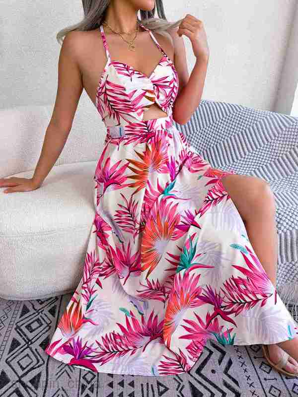 Women Casual Dresses fashion dress Spring/Summer Flower Sleeveless Hollow Hanging Strap Long Skirt Holiday Beach Skirt Women's Wear